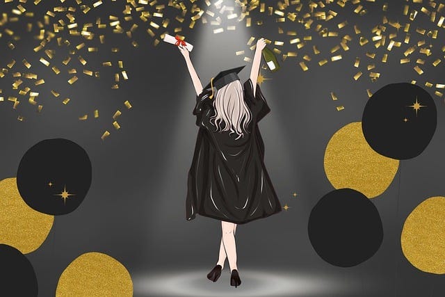 Illustration of a blonde-haired young girl in a graduation gown and hat with her back to you. Black and gold balloons around the edge.