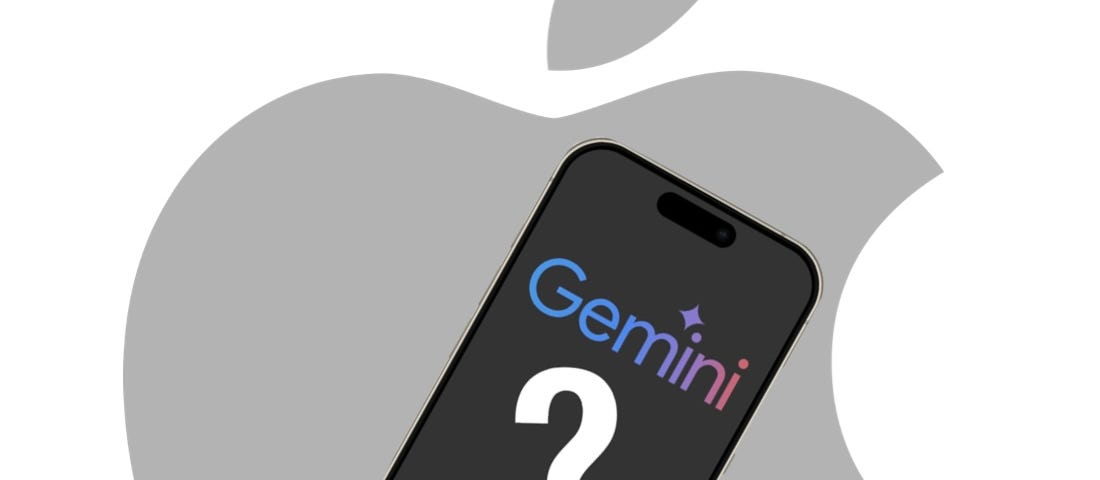 IMAGE: An Apple logo with an iPhone inside, and in the screen, the Google Gemini and the OpenAI logos with a question mark in between