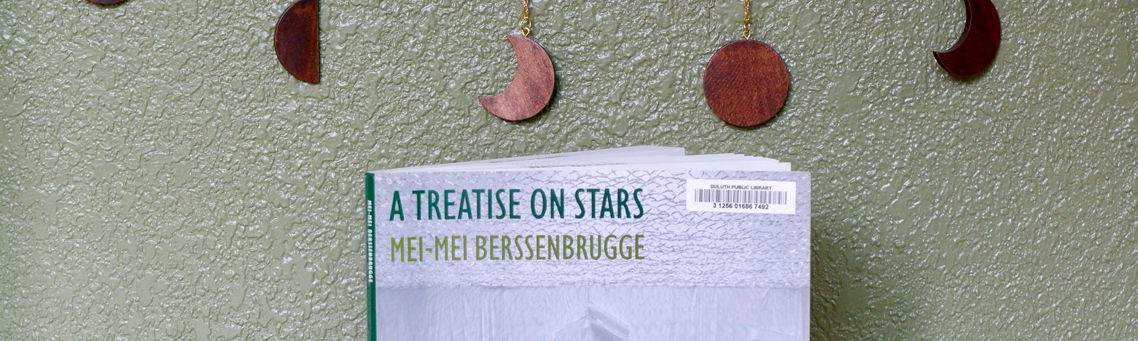 A book with a white cover and green lettering stands on a wooden shelf. Behind the book, a wooden moon phase garland is strung along a green wall.