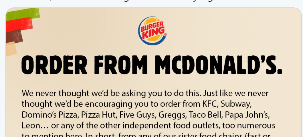 Message from Burger King asking readers to order from McDonald’s