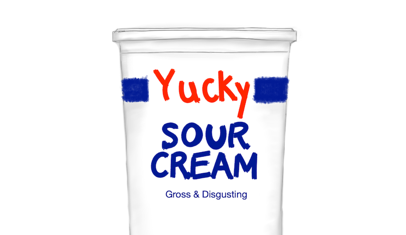A drawing done in Sketchbook Pro of a sour cream container. The sour cream container is branded “Yucky Sour Cream” with the tagline: Gross and Disgusting. Art by Jeffrey Pillow