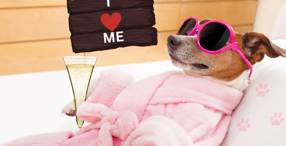 A dog wearing sunglasses and a robe, relaxing.