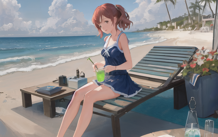Anime woman enjoying a drink in a lounge chair at the beach.