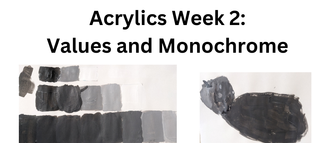 Black title on a white background: “Acrylics Week 2: Values and Monochrome” centered at the top. Beneath are two pictures. The left features three rows of squares: three in the top row, five in the middle row, and nine in the bottom row showing ever-expanding shades of gray in between the black and white hues on the left and right respectively. The picture on the right shows an apple still life in monochrome (only various shades of black and white).