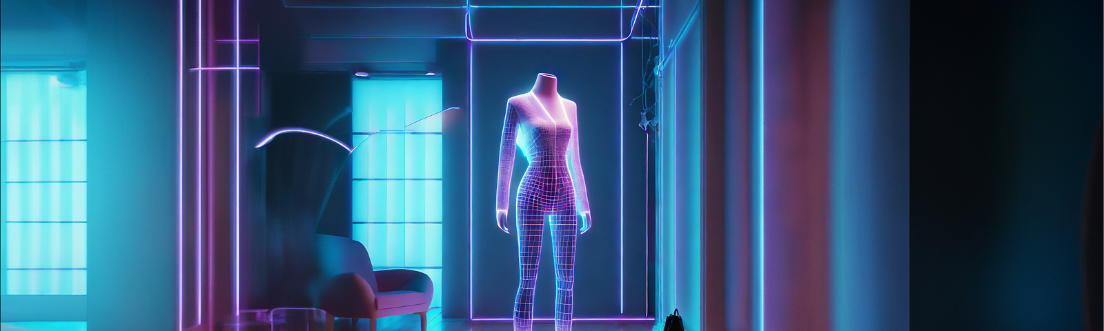 3D Prototyping in Fashion: A glowing digital mannequin showcasing the advanced technology used for creating sustainable fashion designs, emphasizing the reduction of waste and costs by minimizing physical samples in the industry.