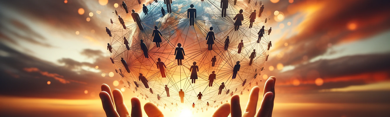 interconnected hands of diverse people, forming a network against a background of a warm sunrise.