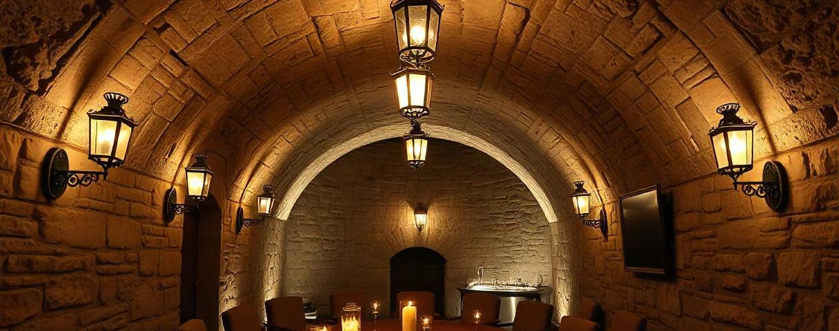 an underground meeting room lit with lanterns, stone walls, ancient and victorian