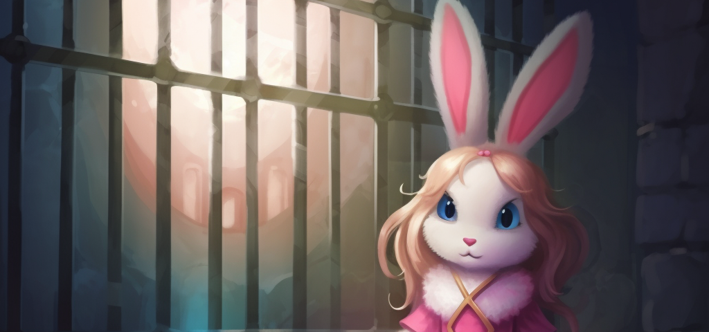 A bunny in a pink dress, metal bars to the left