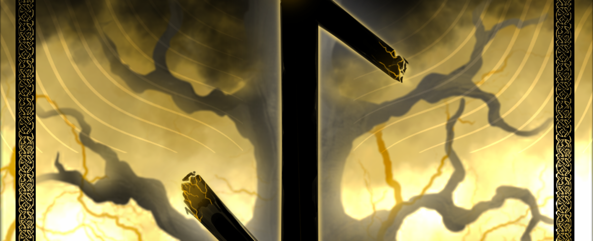 Digital artwork of the Rune Eihwaz, featuring a tree in the background and a prevalence of yellow colours and light.