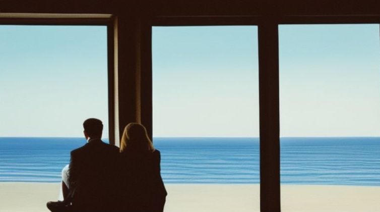 A man and a wom sitting together looking out to ocean