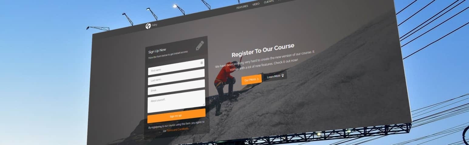 Billboard showcasing a landing page on it. Background has a man climbing up a mountain. Foreground is a form field and text that says “Register to our course” as its main headline.