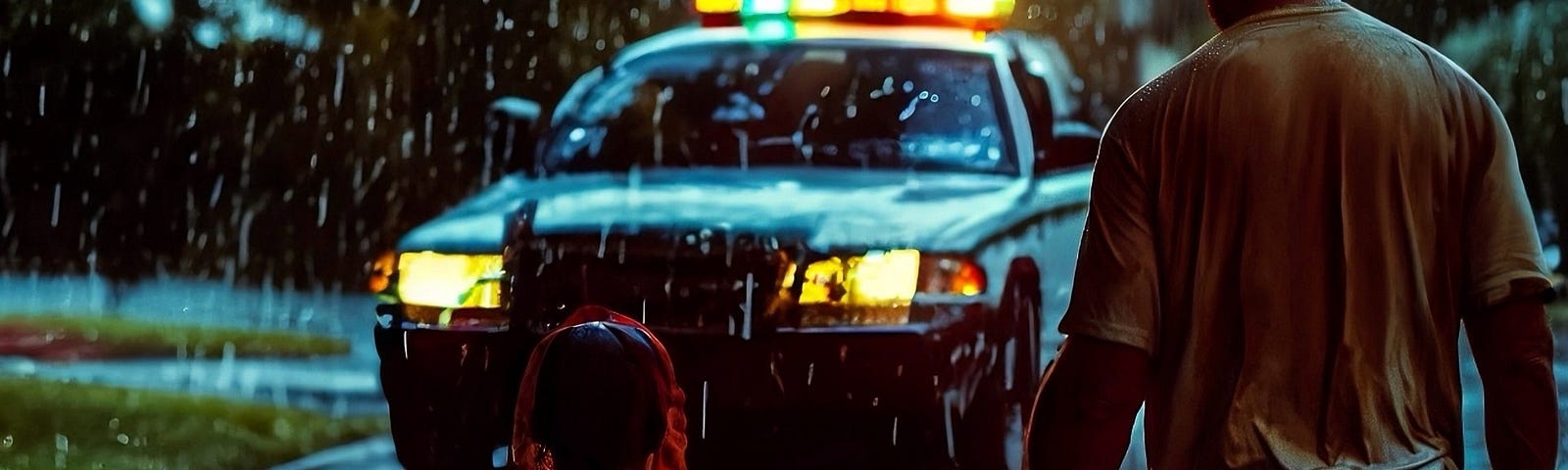 A man and a small girl, drenched in the rain, pause their playful dance on a wet street to face the flashing lights of a police car. A downpour blurs the scene, reflecting the shimmering street lights of a Miami suburb.