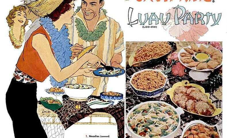 1960’s Chun King brand Chinese food in a can ad with pictures of food and a panel drawing of people enjoying a buffet of Chinese food.