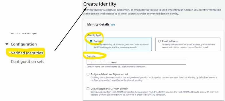 CHoosing create identity on Amazon SES interface