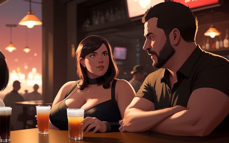 Man and buxom woman at a bar talking