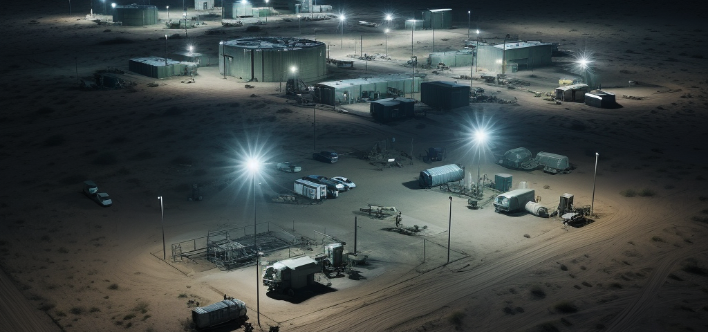 A small municipal airport in the desert, at night.