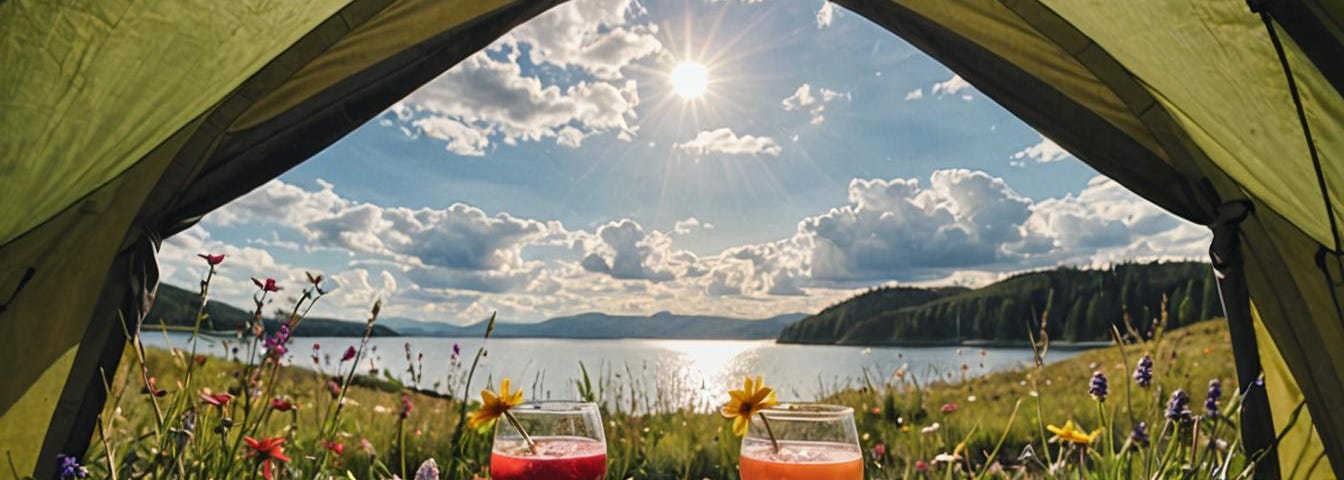 Image shows a view on a lake and mountains, and grass with wildflowers from inside a tent with and two cocktail glasses in the tent opening.