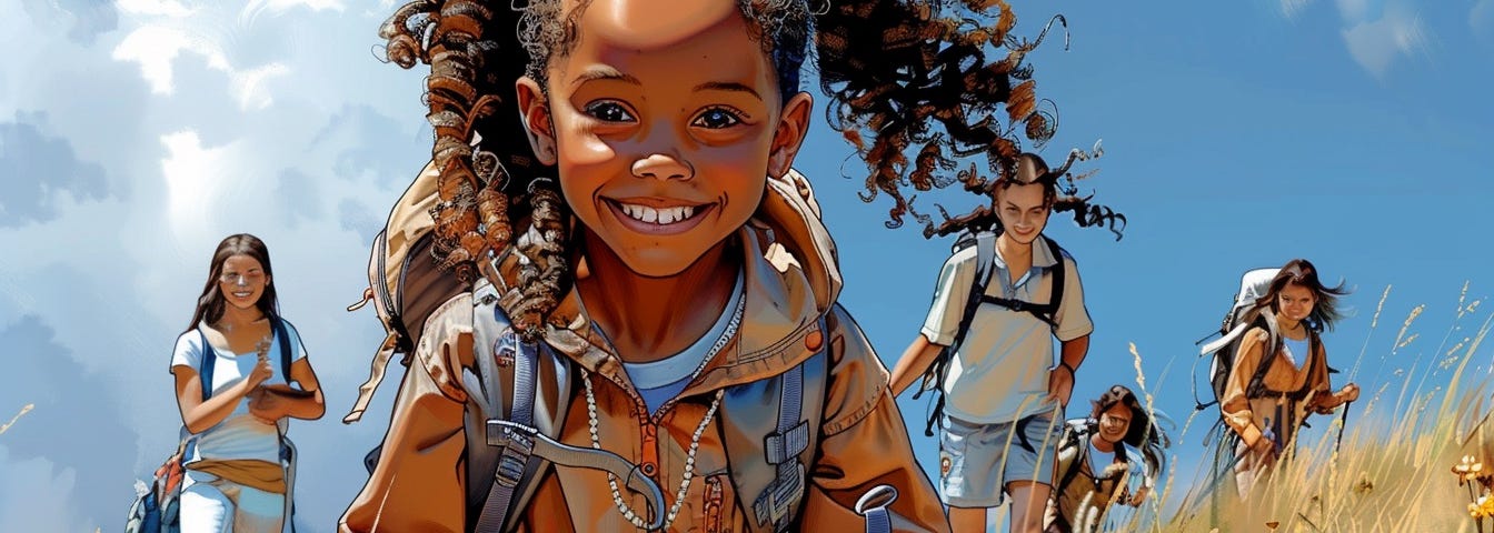 Painting of a smiling little African-American girl in the foreground. She is holding  hiking poles and is in mid-stride, with a counselor and other girls in the background.