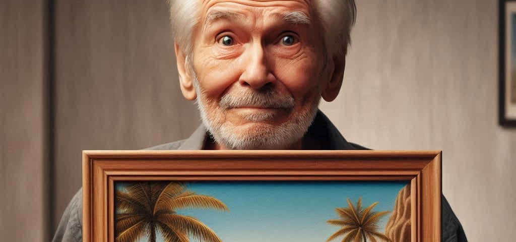 An elderly man with a hopeful expression hold a framed picture