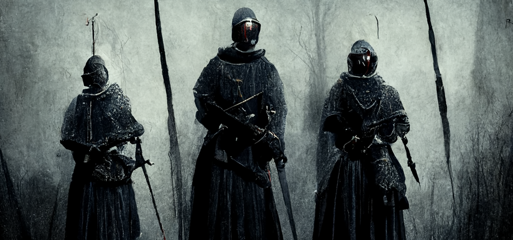 Medieval guards, dark outfits in gloomy light.