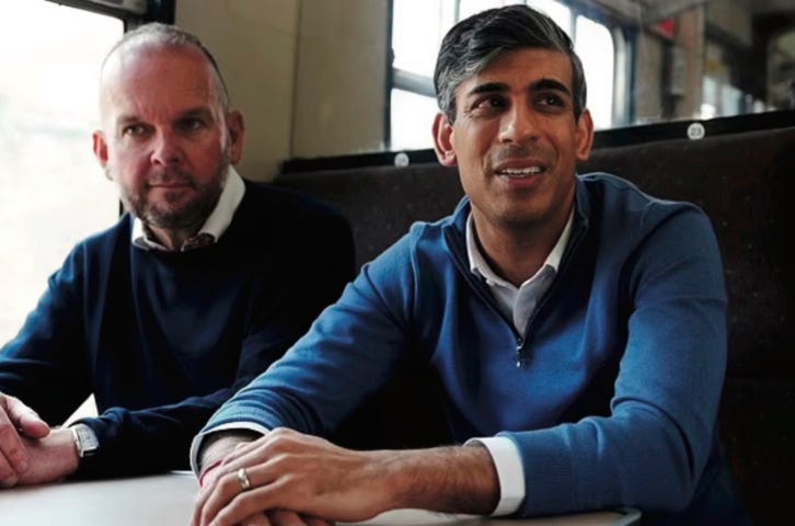 photo Rishi Sunak with Richard Holden, Chairman of the Conservative Party sitting on train