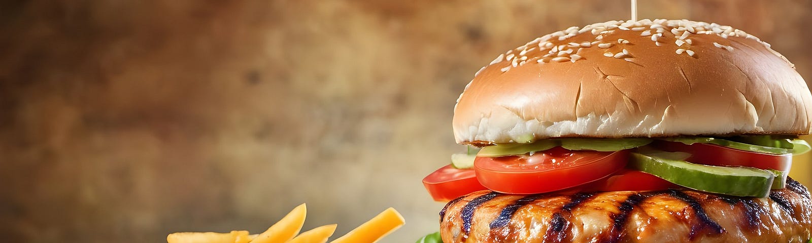 A delicious Hamburger stacked with lettuce, tomatoes and pickles next to a plate of crunchy salted french fries. Yumm.