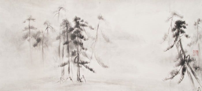 Charcoal drawing of pine trees in the white mist.