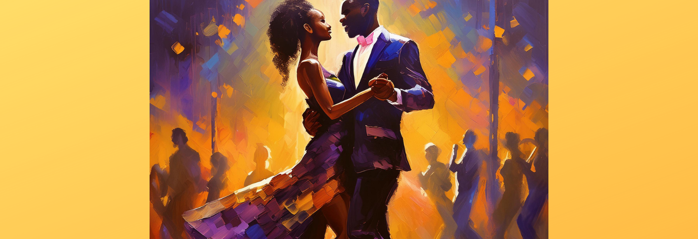 Well-dressed woman and man dancing close together in jazz club; colorful background with silhouettes of other people.