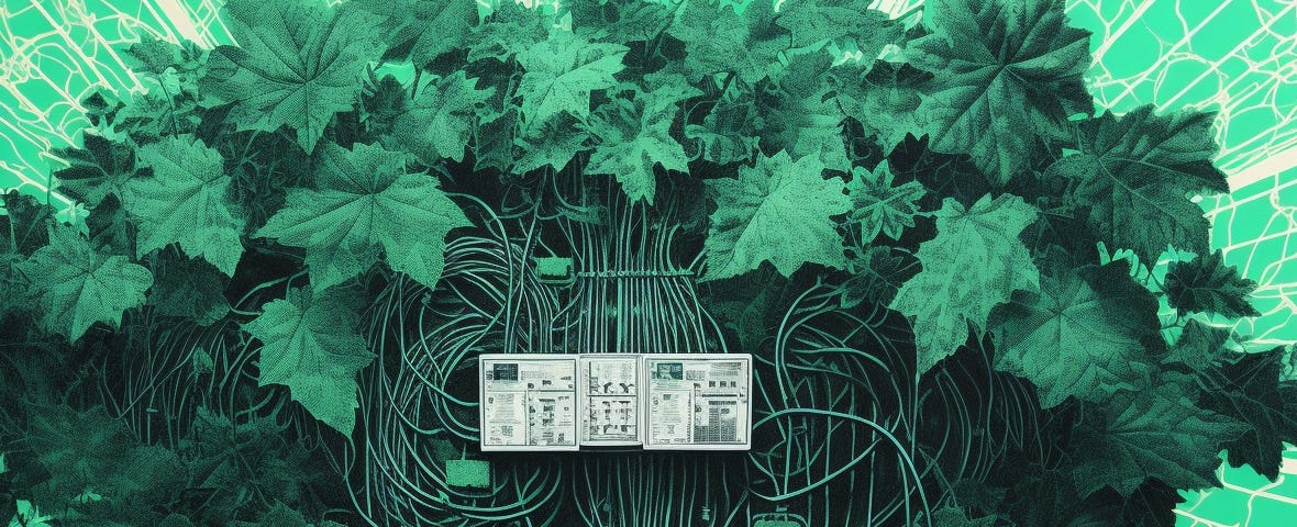 Control board with a lot of cables, running through green leaves