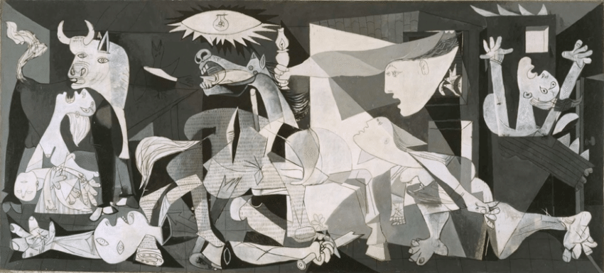 Cubist art in black, white, and gray tones; we can see Picasso's pietà crying and holding her child's body at the left corner