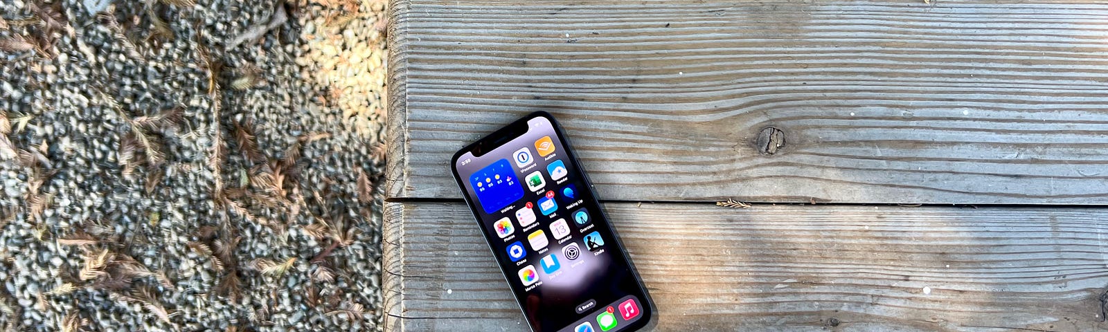 iPhone 12 Mini showing on homescreen on park table with gravel in the background.