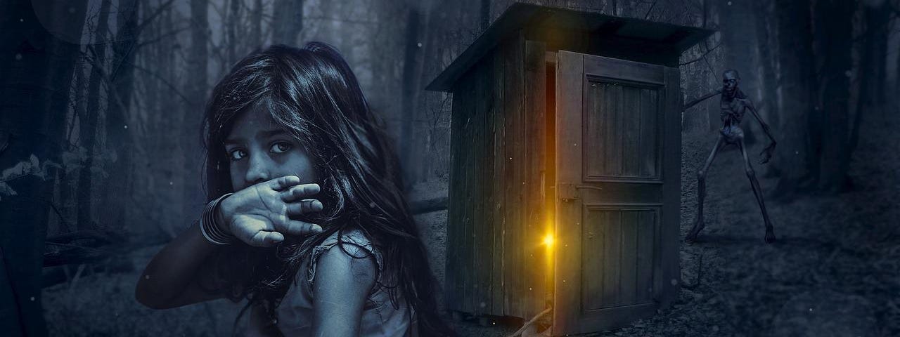 A young girl, wild, in the forest as darkness descends. A few meters behind her is an outbuilding, door ajar and a glimpse of lantern light. Behind the outbuilding is a dark skeleton watching her.