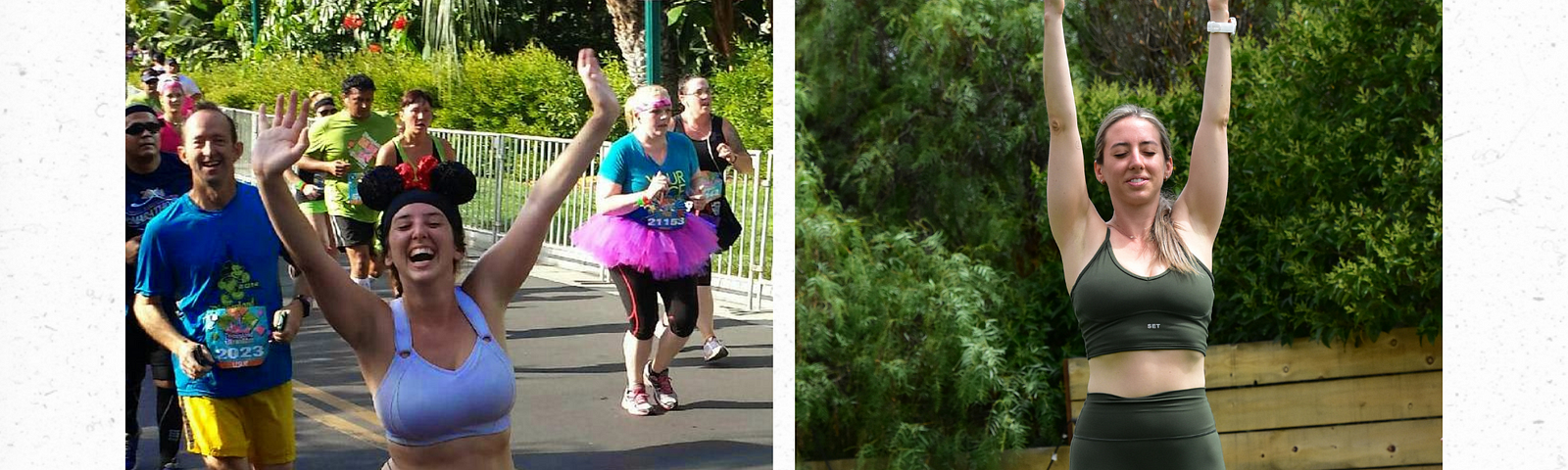 A before and after of 15lb weight loss. On the left a woman is running the Disneyland half marathon in a white bra, black pants, and Minnie Mouse ears. On the right, the same woman is in Mountain Pose in a green matching Set active workout set.