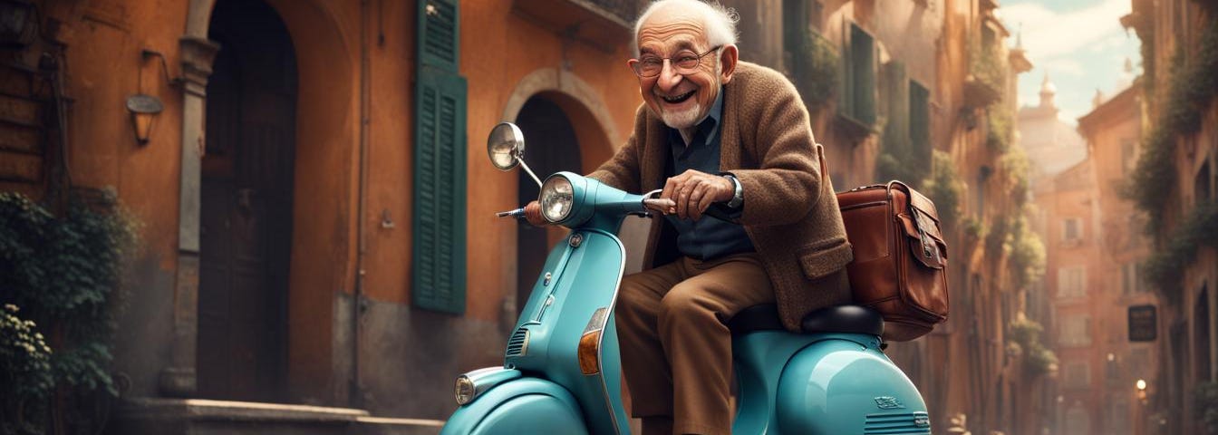 An older man riding a Vespa — enjoying life without aging concerns
