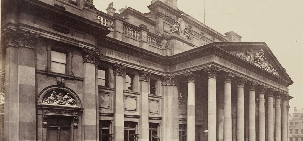 Front of the Royal Exchange building, black-and-white