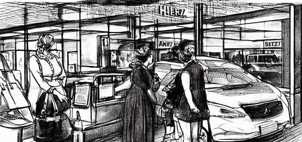 A busy Hertz Car Rental counter. Source: deepai.com; public domain