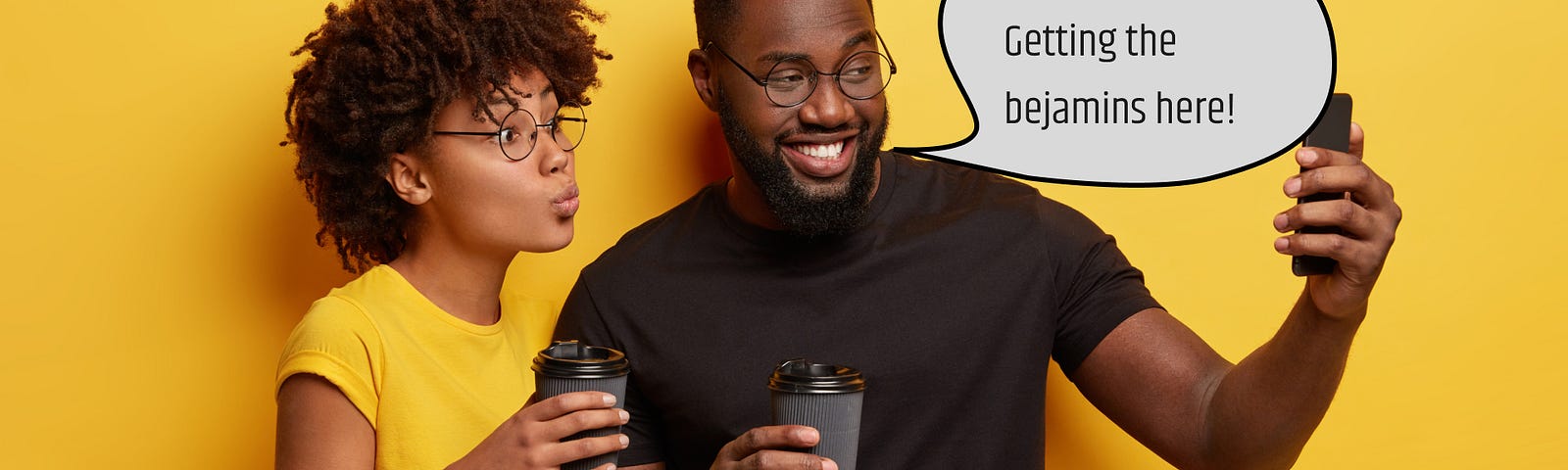 young man and woman holding cups of coffee.