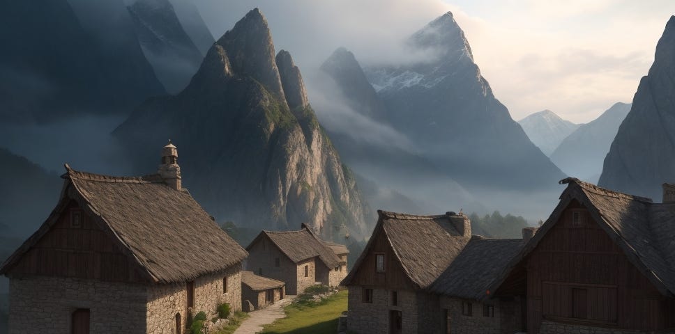 A remote village nestled among jagged peaks of a forgotten mountain range. The village looks ancient, with stone houses and narrow winding paths. The mountains in the background are imposing and shrouded in mist.