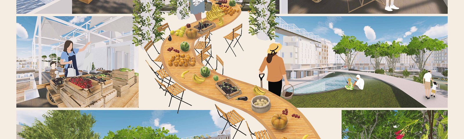 An series of illustrations showing parks, rooftop gardens, community gardens, and a long winding dining table going through the middle.