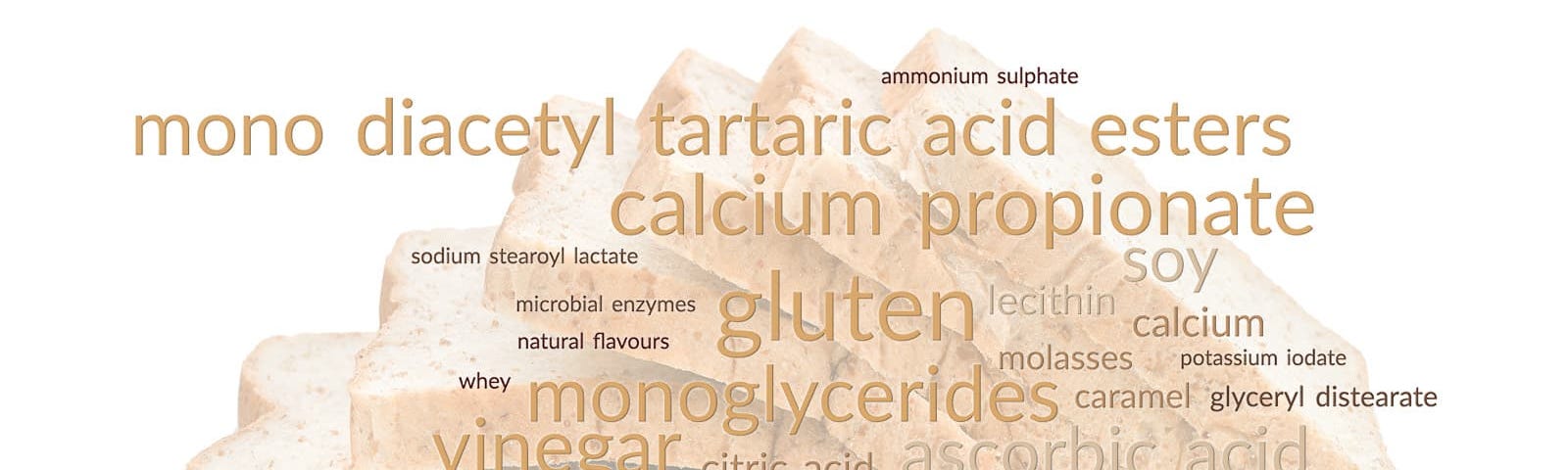 A word cloud illustrating the many additives in bread