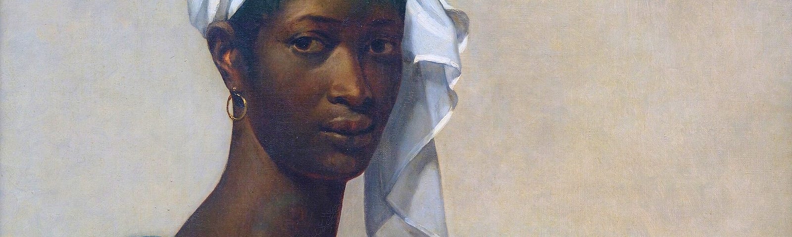 Photo (detail) of the Louvre’s Portrait of a Black woman with white head scarf and exposed breast known as Portrait of Madeleine, but formerly called Portrait of a Negress.