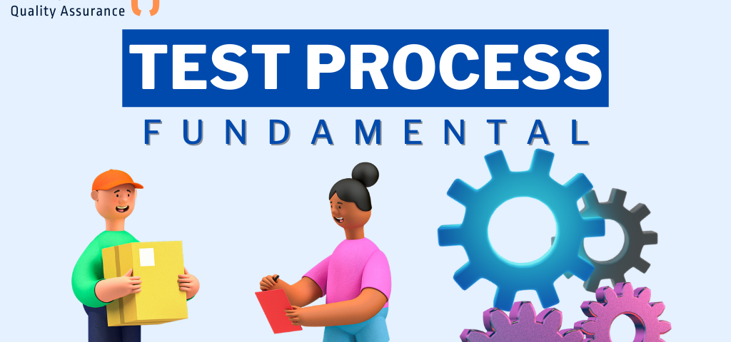 The image consists of “Test Process fundamental” text. Picture  of man and woman and a gear, illustrating a process.