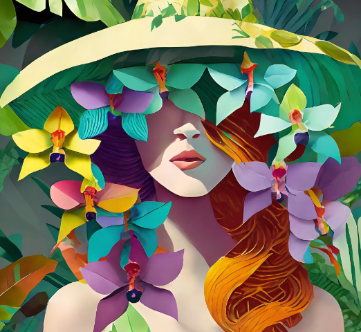 a woman wearing a hat made of green yellow blue green purple orchids, make it in the jungle background