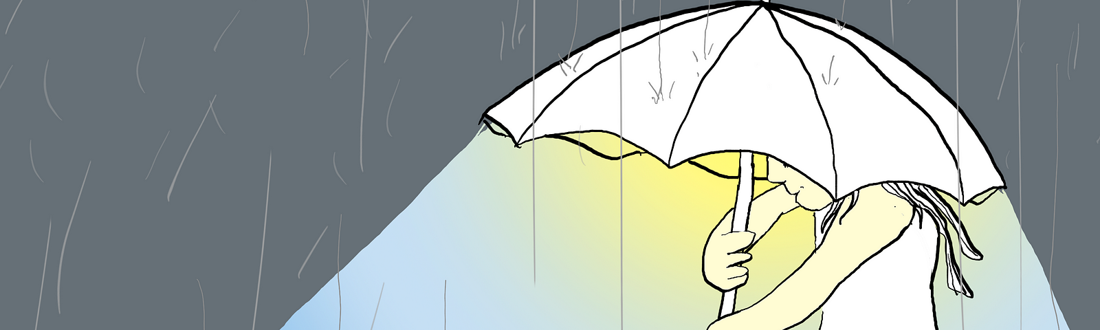 A cartoon of a female figure standing underneath an open umbrella under a dark rainy sky. Beneath the umbrella there is sunlight and blue sky. A bunny is basking under the umbrella’s shelter. Art by Doodleslice 2024