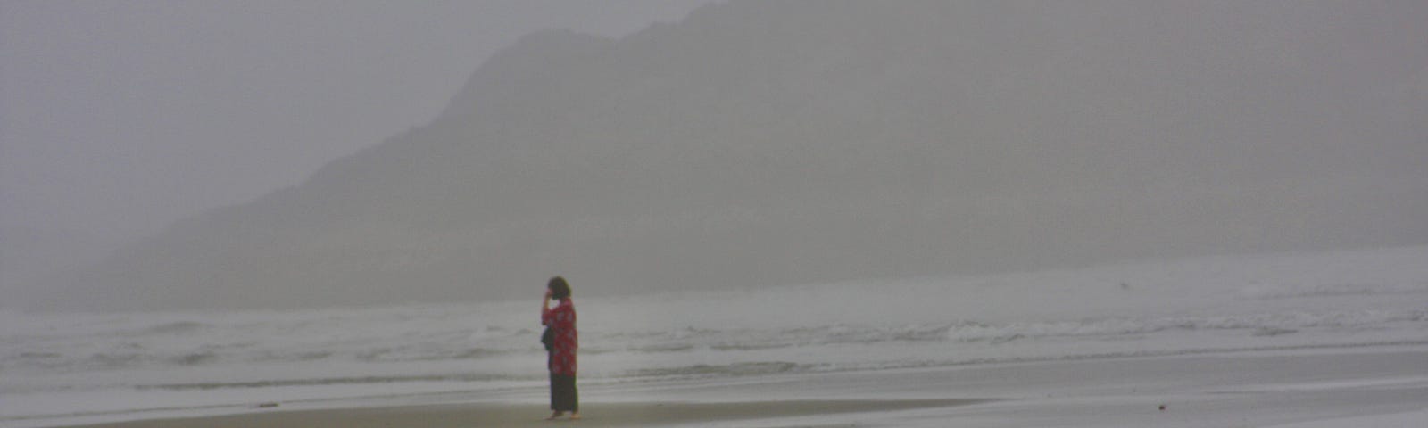 A woman stands on the shoreline. Waves wash up in front of her and wind around behind