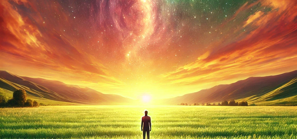 Human being standing up in a vast grassy plain. There is a spectacular orange and bright yellow sunset right in front of him. The magic of the moment spills all over the individual. Mood is of great inner peace and fulfillment as the individual realizes his deep freedom.