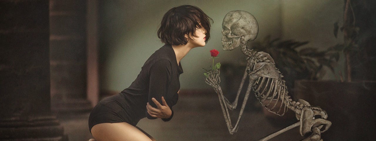 A woman kneeling on the floor, saying goodbye to a skeleton holding a red rose, which is the symbol of her lost love.
