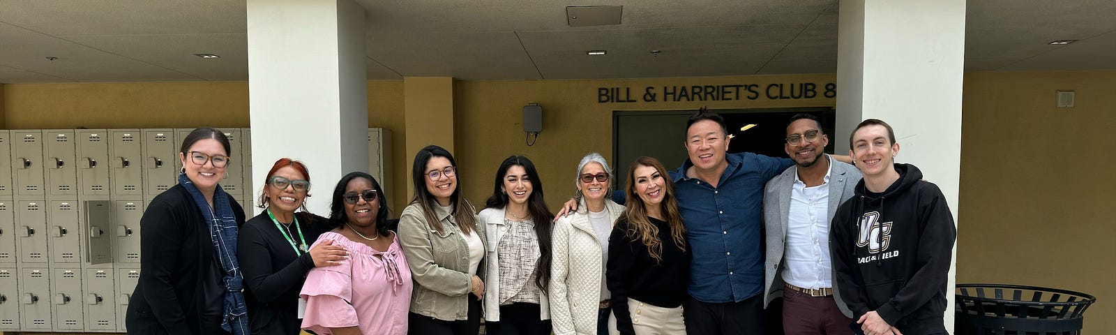 A group picture of faculty from Seton Hall University, Whittier College, and graduating seniors earning a BA in Social Work who joined the information session outside of Club 88
