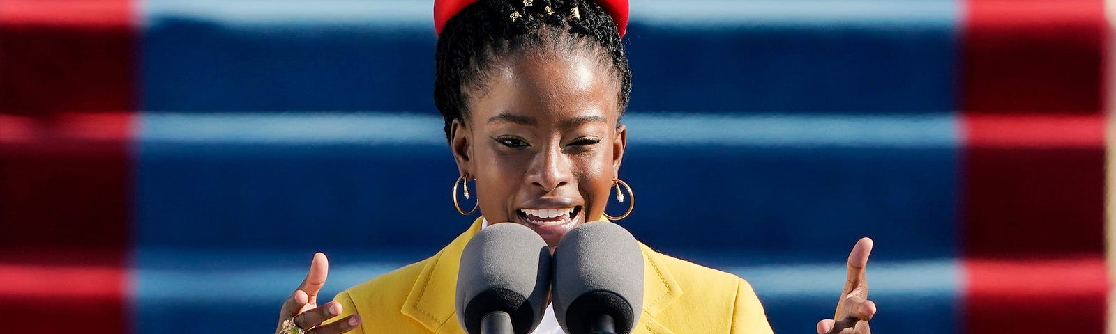 American poet Amanda Gorman reads a poem during the 59th Presidential Inauguration at the US Capitol.