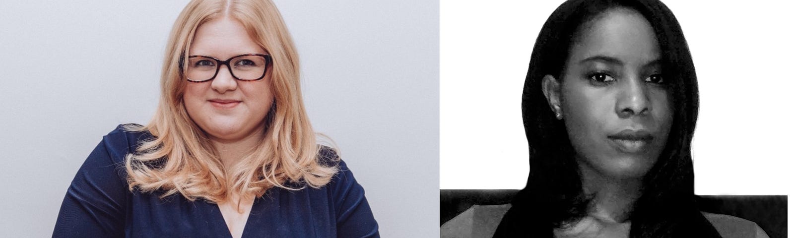 Left: Colour head and shoulders image of Amy Kavanagh. Amy has long, blonde hair, centrally parted. She wears glasses and a navy, v-neck, short-sleeved dress. Right: Black and white head and shoulders image of Natasha Trotman. Natasha has dark brown shoulder-length hair, a round-neck top, and a black tank top.